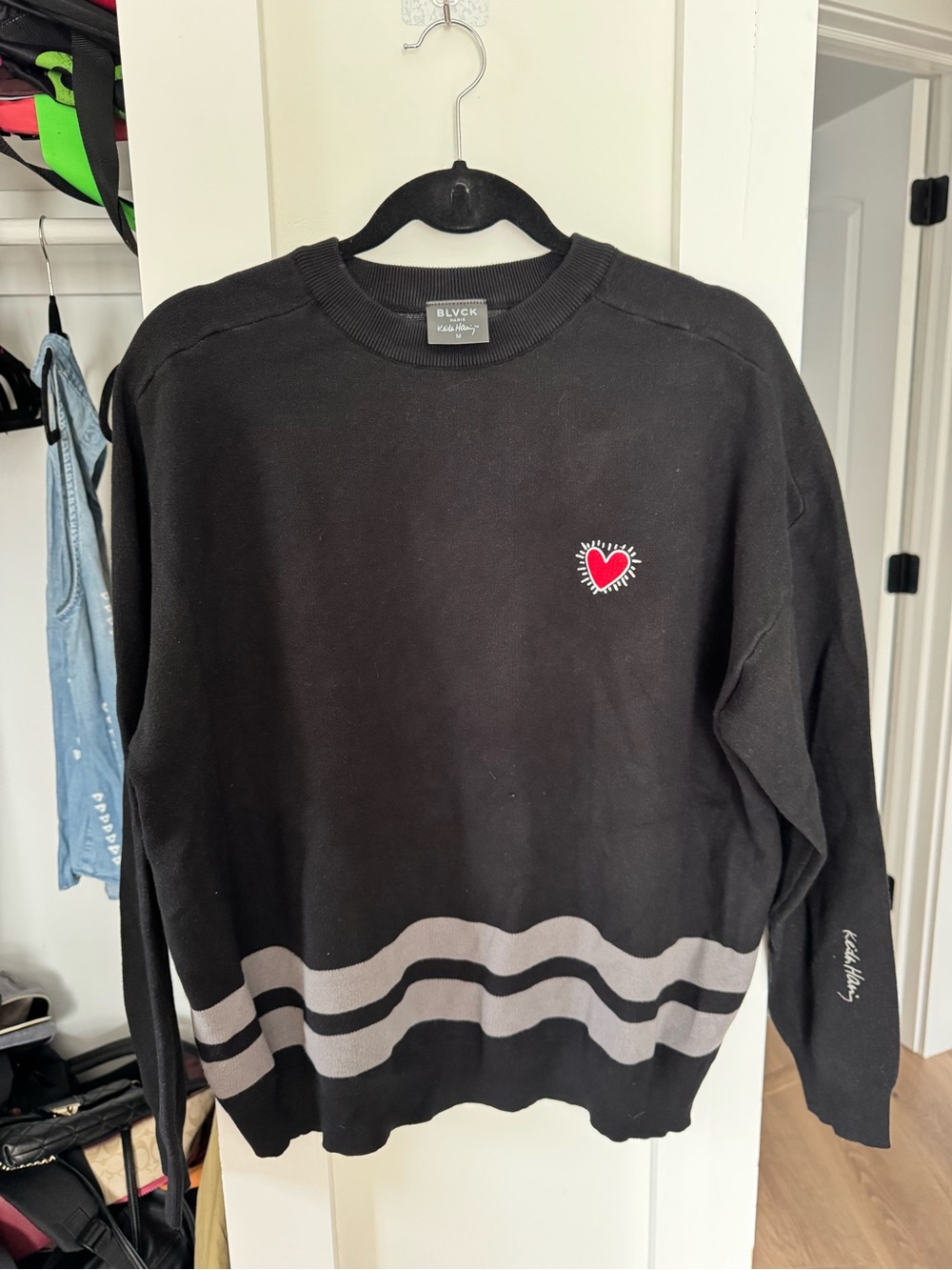 Keith Haring Heart Patch Black Crew Sweater with Gray Wave Trim 20% Cashmere